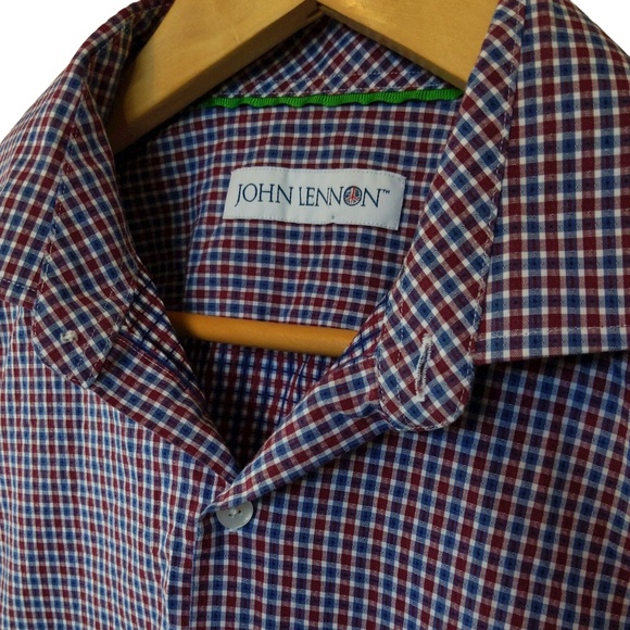 John Lennon Blue and Red Checkered Button Down Long Sleeve Shirt - Picture 10 of 10